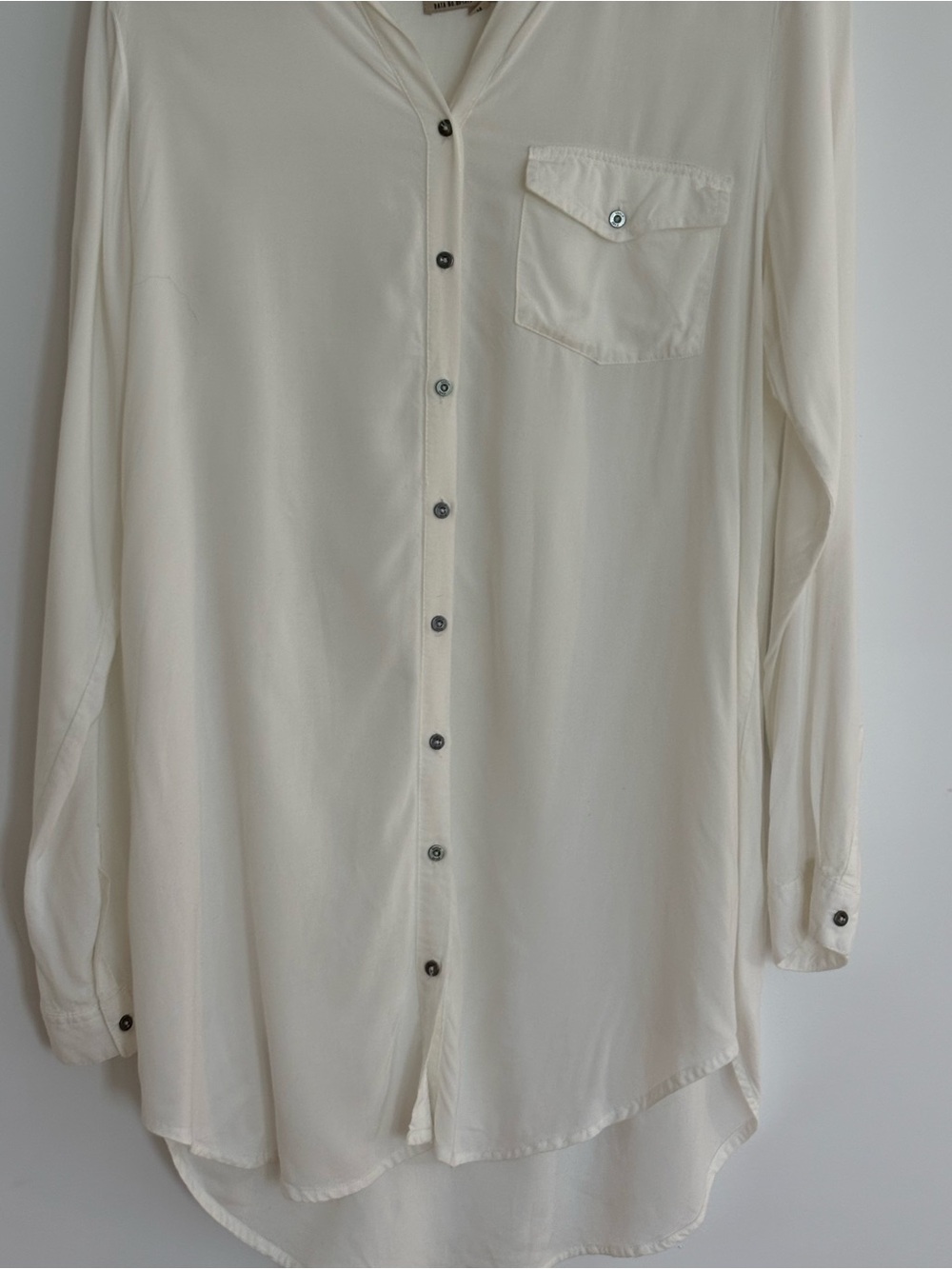 Cream Long-Sleeve Button-Front Blouse with Chest Pocket
